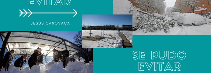 Imagen que muestra los resultados de la Borrasca Filomena en un colegio. El paisaje se muestra nevado y desolador.