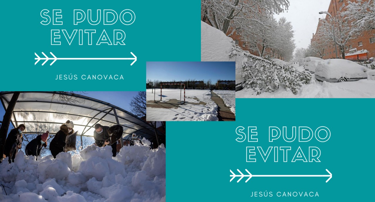 Imagen que muestra los resultados de la Borrasca Filomena en un colegio. El paisaje se muestra nevado y desolador.